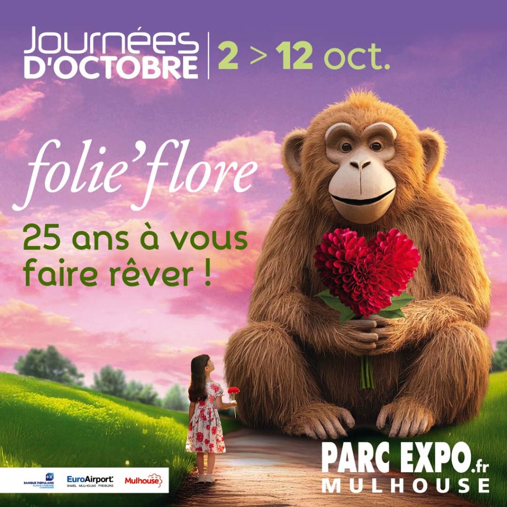 communication folie'flore 2025 avec un gros singe tenant un coeur devant une petite fille sur fond de ciel mauve